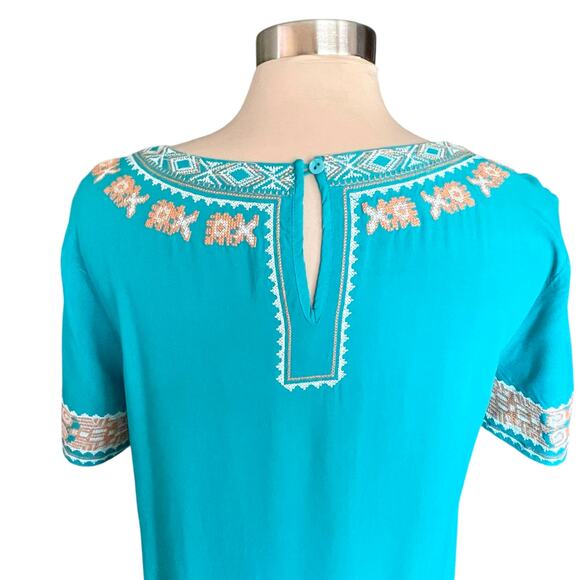 Mur Mur Aqua Tunic Embroidered Aztec Boho Sz MED Short Sleeves Casual Relaxed - Picture 6 of 8